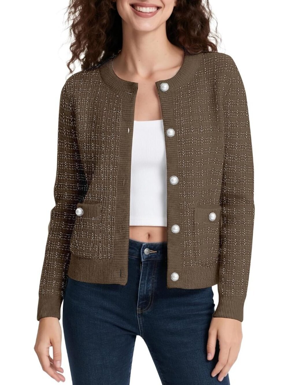 Women's Camel Long Sleeve Button Down Knit Cropped Casual Cardigan Sweater